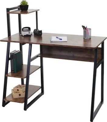 A desk with shelves and office supplies.