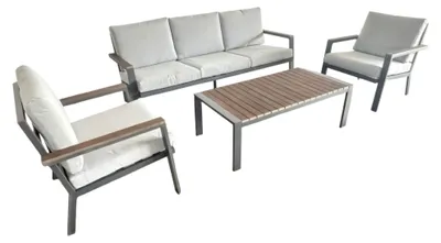 Immagine prodotto di Ikigai - Set Salotto da Giardino Divano 3 Posti 2 Poltrone e Tavolino con Cuscini in Alluminio e Legno Plywood