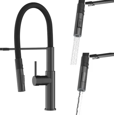 Immagine prodotto di Granitan | Miscelatore da cucina Soria - Nero - Altezza 470 mm - Bocca flessibile - Doccetta estraibile