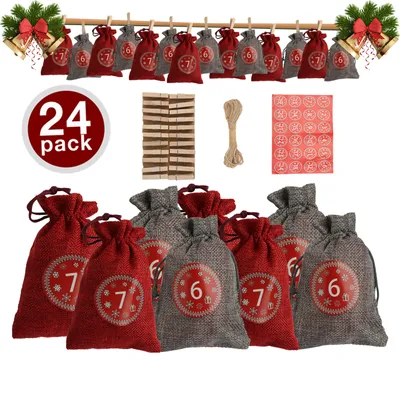 Produktbild von EINFEBEN Adventskalender zum Befuellen, Weihnachten Geschenksaeckchen Bastelset, Natur Saeckchen,DIY Stoffbeutel Weihnachtskalender Tueten (12 Rot, 12 Grau-Leinen)