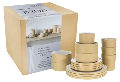 A set of ceramic dishes is displayed next to its packaging.
