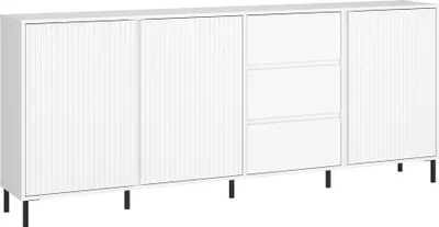 A white sideboard with fluted fronts and black legs, shown against a white background.