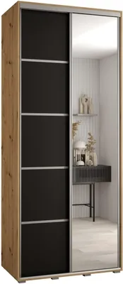 A sliding door wardrobe with a mirrored door and black panels, set against a white background.