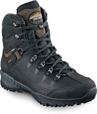 A single black and brown hiking boot is shown against a white background.
