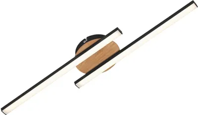 A modern LED ceiling light with two angled light bars and a wooden accent.