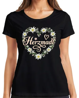 Productafbeelding van Herzmadl Edelweiss Bloemhart, traditionele kleding, Beieren, , lederen broek, jurk, dames T-shirt, zwart, maat S