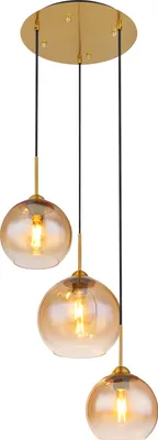 Produktbild von Globo Lighting Hängeleuchte Metall messingfarben matt, Glas amber, klar, Kabel Textil schwarz, Höhe kürzbar, Gläser mit Farbverlauf, 2/3 amber, 1/3 klar, ø: 430mm, H: 1500mm, Glas-DM: 2 x 20 cm, 1 x 25 cm, exkl. 3x E27 60W 230V