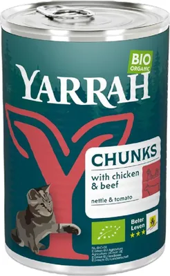 (DLA KOTA DOROSŁEGO) KAWAŁKI KURCZAKA I WOŁOWINY Z POMIDOREM I POKRZYWĄ BIO 405 g - YARRAH