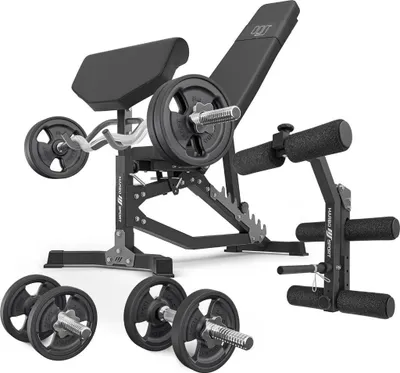 Image de Marbo Sport - Ensemble MS39_2.0_42KG_G | Banc double face + pupitre curl + presse jambes + ensemble barres et disques d'haltères caoutchoutés 42kg