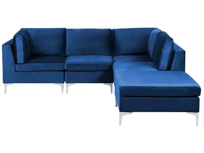 Produktbild von BELIANI Modulares Ecksofa mit Ottomane linksseitig Blau Polsterbezug aus Samtstoff 4-Sitzer mit Metallgestell Silber Wohnzimmer Salon Möbel