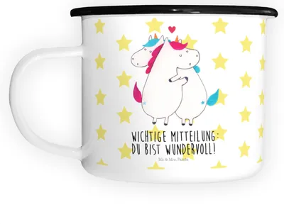 Produktbild von Mr. & Mrs. Panda Teetasse Einhorn Mitteilung - Weiß - Geschenk, Haferl, Emaille Becher, emaillebecher, Spruch, Teebecher, Lustig, Liebe, Deko, Tasse, Valentinstag