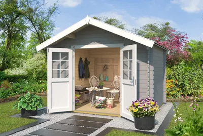 Produktbild von Gartenhaus Vaduz 209, 28 mm Wandstärke mit Doppeltür - B x T x H - 333.00 x 310.00 x 244.00 - Lichtgrau