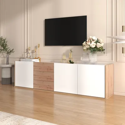 Obrázek produktu pro MODFU TV skříňka TV stolek se 3 dvířky a 3 zásuvkami, TV nábytek TV skříňka TV stolek 171,5 x 35 x 47 cm s velkým úložným prostorem, bílá barva a barva dřeva