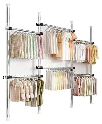 Produktbild von Teleskop Garderoben System - Offener Kleiderschrank Mit Teleskopstange 6 Stangen Höhenverstellbar 1,1 Bis 3 M Breite 0,75 Bis 1,2 M Seitenhaken Für Accessoires Ideal Ordnung Aufbewahrung (Silber)