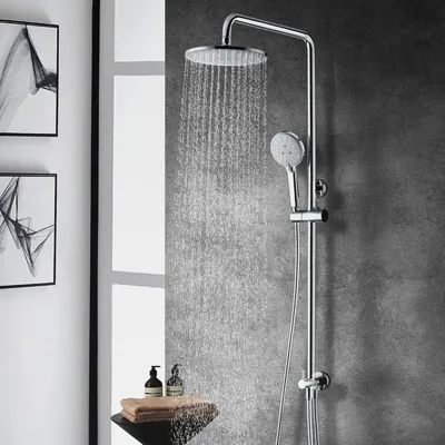 Produktbild von Duschsystem Regendusche ohne Armatur, Edelstahl Duscharmatur Komplettset mit 23cm Rund Überkopfbrause & 4 Strahlarten Handbrause, Brausegarnitur Dusch Set, Chrom