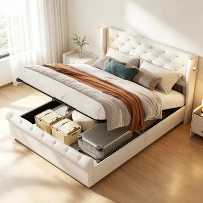 Immagine prodotto di Letto idraulico INONEFT, 140 x 190 cm, con schienale regolabile e spazio contenitore, dotato di illuminazione LED e porta USB, rivestito in velluto, color beige, senza materasso