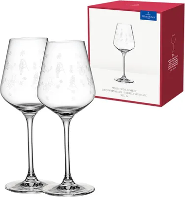 Two wine glasses are displayed in front of a product box.