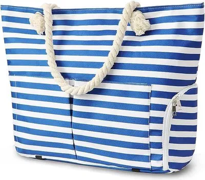 Produktbild von Famanu Strandtas XXL, 30 Liter, große Tragetasche mit Reißverschluss und Schuhfach, wasserfest, Blau & Weiß gestreift