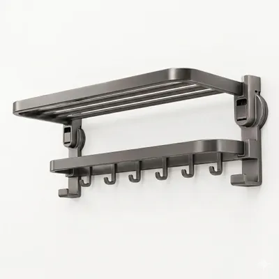 Obrázek produktu pro Skládací nástěnná police z hliníku o rozměrech 47 x 21,8 x 21,2 cm, univerzální závěsná police s přísavkami – FOLDLUX