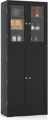 A tall, black kitchen cabinet with glass doors on the top half and solid doors on the bottom half.
