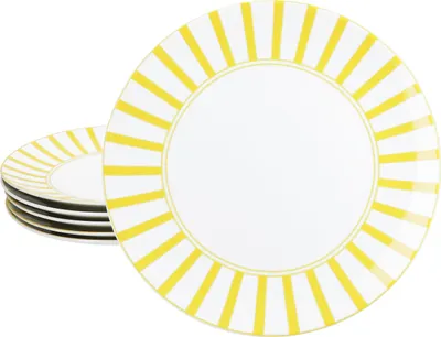 A stack of plates and one plate in the foreground, all with yellow stripes.