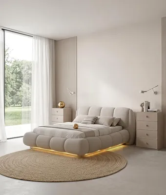 Immagine prodotto di Set per camera da letto: letto, 2 comodini, design moderno, colore beige, elegante, lussuoso, nuovo