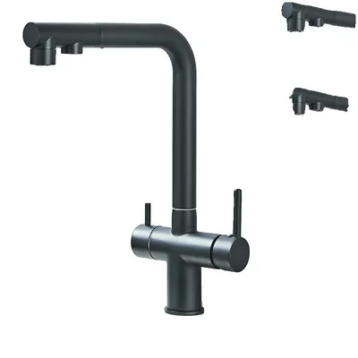 Obrázek produktu pro Kuchyňská baterie s dvojitou rukojetí, funkce teplé a studené vody, odolná mosazná konstrukce, černá barva
