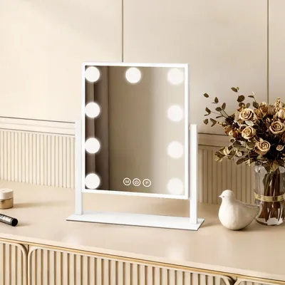 Zdjęcie produktu dla Lustro kosmetyczne EMKE z oświetleniem LED 36 x 30,5 cm Lustro do makijażu 7-krotne powiększenie 3 kolory światła Regulowana jasność Obrót o 360°, białe