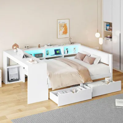 Produktbild von Holz-Plattformbett mit Schreibtisch, Bücherregal, Schubladen & LED-Kopfteil, gepolstertes Kopfteil, Weiß, 140x200cm