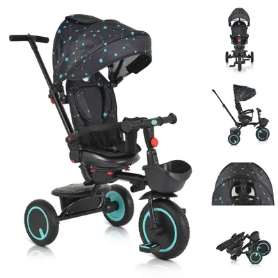 Produktbild von Byox Dreirad Tricycle Orion faltbar, PolyurethanReifen, drehbarer Sitz, Schiebestange türkis