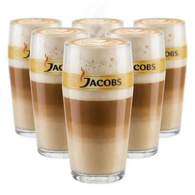 Produktbild von JACOBS Gläser-Set 6 Latte Macchiato Gläser/Kaffeeglas 400 ml mit Eichstrich, Gastro-Edition, robustes Glas, stapelbar, spülmaschinenfest.