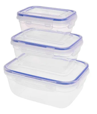 A set of three clear plastic food storage containers with blue lids, stacked on a white background.