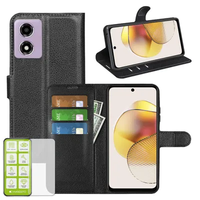 Obrázok produktu pre Puzdro na mobilný telefón Motorola Moto E14 / G04 4G / G04S 4G / G24 4G – čierne puzdro z umelej kože + tvrdené sklo H9