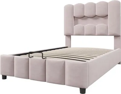 Produktbild von Polsterbett 90x200cm Ohne Matratze Verstellbares Kopfteil Mit Hydraulik Rosa Samt Led Beleuchtung Funktionsbett Jugendbett Einzelbett Kinderbett