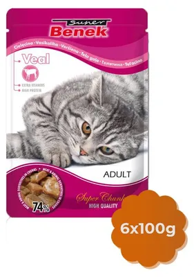 Produktbild von Super Benek Adult 6x100g mit Rindfleischstücken in Sauce Feuchtfutter für Katzen