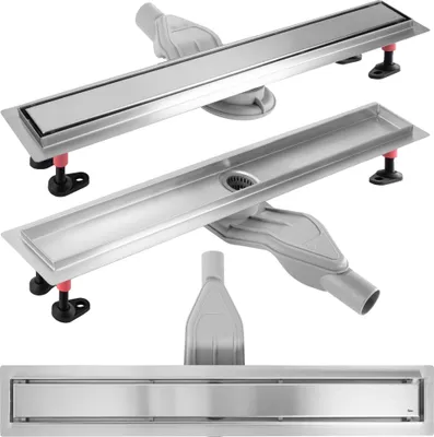 A collage of three different views of a linear shower drain.