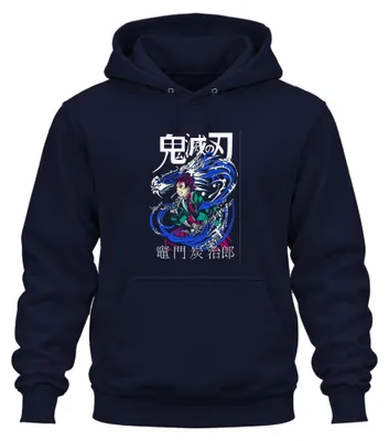 Zdjęcie produktu dla Demon Slayer – Tanjiro Kamado: Smok Wody – Bluza z kapturem uni  w stylu streetwearowym z motywem anime, Japonia, Y2K, kolor granatowy, rozmiar 3XL