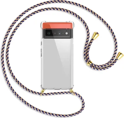 Produktbild von Handykette Backcover-Schutzhülle mit Band (Metall goldfarben) für Google Pixel 6 Pro - blau+beige