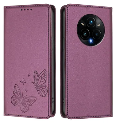 Image de Étui en cuir pour Realme 14 Pro+ 5G, motif papillon, étui à rabat avec porte-appareil, violet