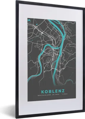 Produktbild von MuchoWow® Gerahmtes Poster Karte - Koblenz - Blau - Stadtplan - Deutschland 40x60 cm - Poster mit Schwarzem Bilderrahmen Wandposter Rahmen Foto Bilder - Poster in Rahmen