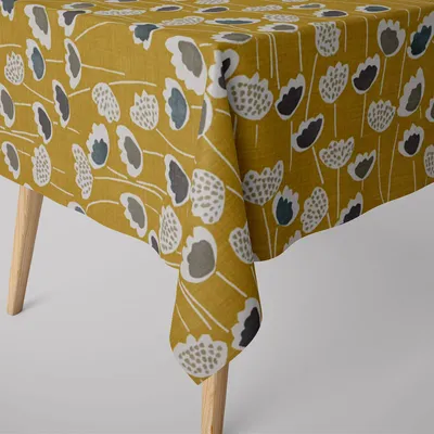 Produktbild von SCHÖNER LEBEN. Tischdecke Clara Saffron Blumen senfgelb ocker blau gra Größe 80x80cm