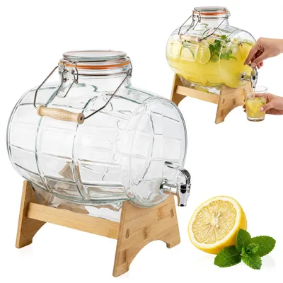 Zdjęcie produktu dla SuperButelki - Beczka szklana 8l, z kranikiem, mechaniczne zamknięcie + uchwyt, na wódkę, bimber, alkohol, drinki, beczułka na napoje, antałek