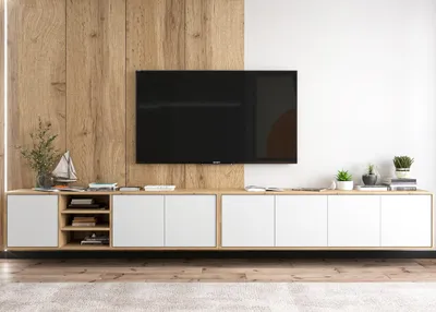 Zdjęcie produktu dla Wisząca szafka RTV Loft Industrialna Dąb wotan Biały MAT Komoda RTV zestaw 300 cm Półka RTV
