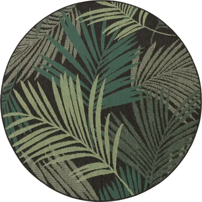 Produktbild von Outdoor Teppich Palmblättermuster Balkon, Terrasse schmutzabweisend Schwarz Rund 120D | 100% Polypropylen, Rücken aus Polypropylen | pflegeleicht