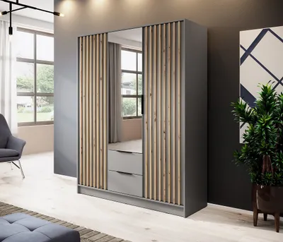 Produktbild von Kleiderschrank NELLY 3D - mit Lamellen, Schrank (GRAU/ARTISAN LAMELLE, SPIEGEL)