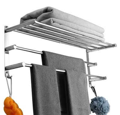 Productafbeelding van Uittrekbare handdoekhouder, 43-78 cm, roestvrij staal, zonder boren. Handdoekstang voor aan de muur, wandplank. Geschikt voor badkamer, keuken, handdoekrek (met 3 planken)