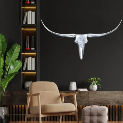Produktbild von cagü: XL Design Deko Stierschädel [ARIZONA] Silber aus poliertem Aluminium 120cm Länge inkl. Befestigungsmaterial, Wohnaccessoire Designklassiker!