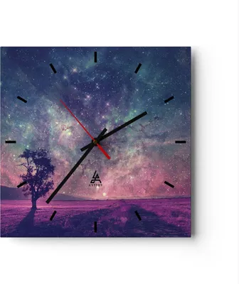 Produktbild von Wanduhr - Quadrat - Glasuhr - Kosmos Baum Wiese - 30x30cm - Schleichendes Uhrwerk - Lautlos - zum Aufhängen bereit - Dekoration Modern - Wanddekoration aus Glas - C3AC30x30-4225