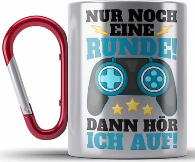 Produktbild von Trendation - Gamer Edelstahl Tasse Karabiner Geschenk Jungen Zocker Mitbringsel Männer Edelstahl Tasse Karabinern Zocken Gaming Geschenkideen Kinder PC Zubehör Spruch Lustig (Rot)