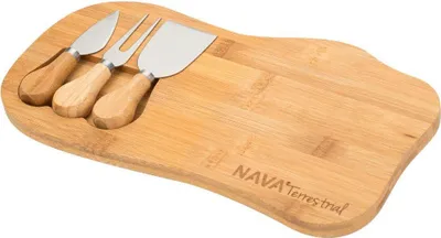 Produktbild von NAVA Käsebrett / Servierbrett aus natürlichem BAMBUSHOLZ + Käsebesteck Messer Spatel Gabel für alle Käsesorten
